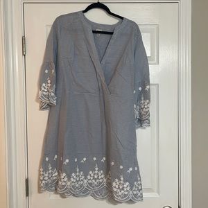 NWT Blue and white stripe dress with embroidered floral design